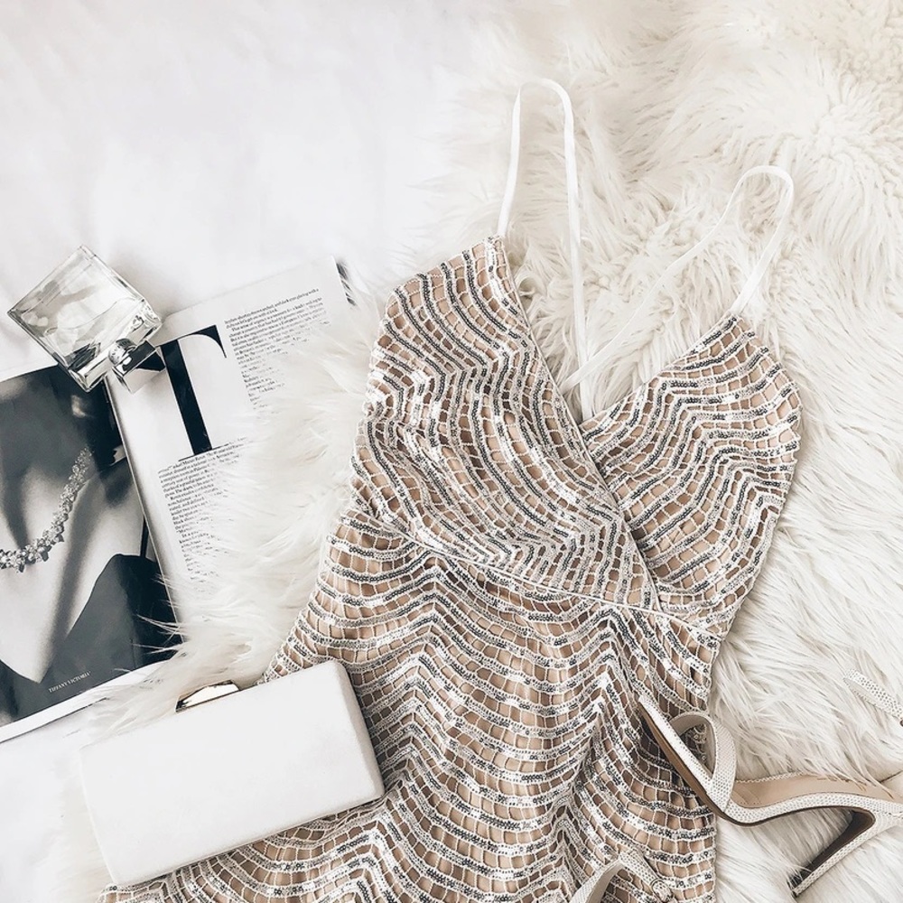 Lele White and Silver Sequin Mini Dress